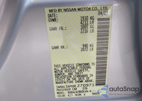 2013 Nissan Altima 2.5 S z USA, uszkodzony, nr VIN 1N4AL3APXDC270971